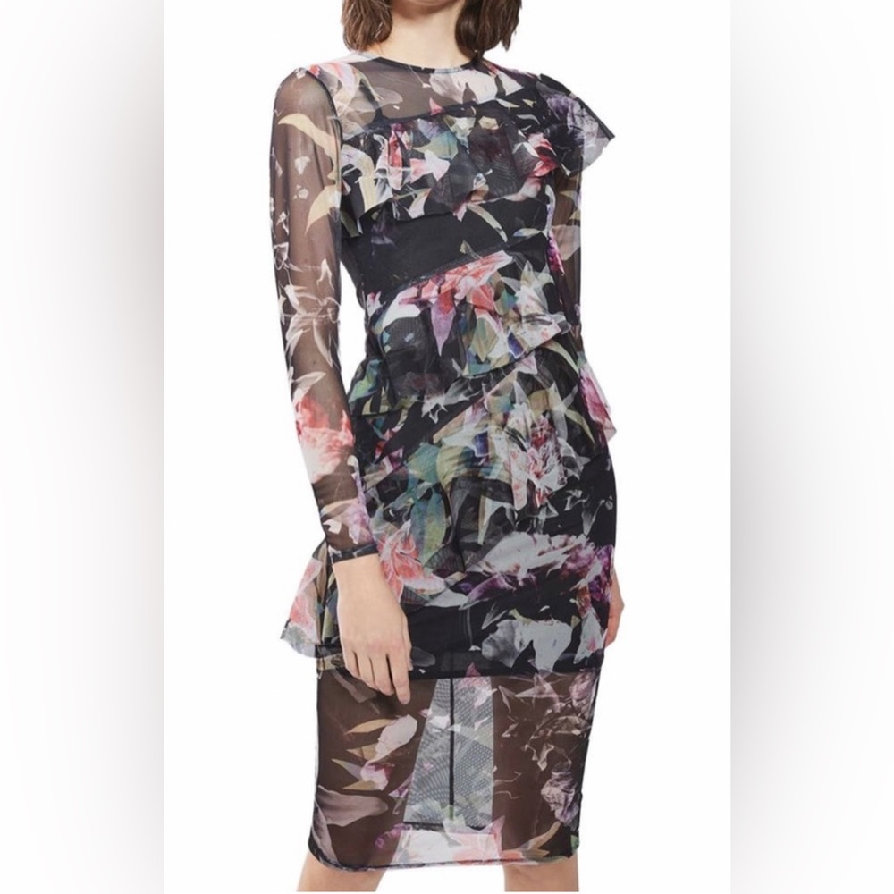 TOPSHOP Floral Mesh Midi Ruffle Dress